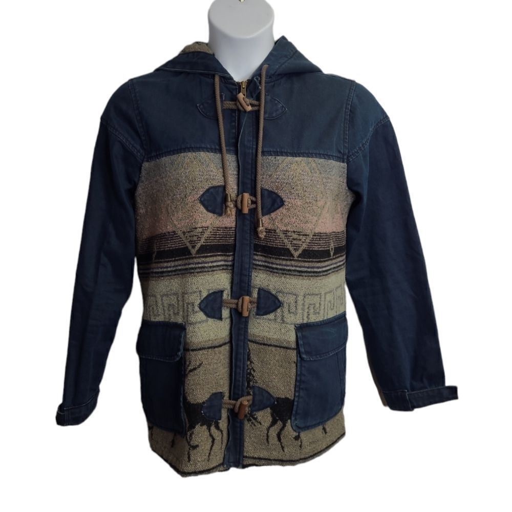 TOPSHOP Moto denim hooded‎ blanket jacket with deer and western print 8